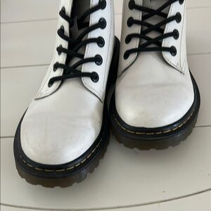 Dr. Martens Black and White Combat Boots with Yellow Stitching